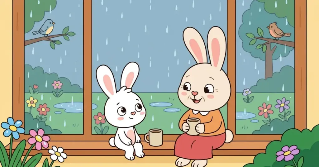 Historinhas infantis o coelho que gostava da chuva, coelhinho Téo com sua avó observando chuva pela janela com xícaras no jardim aprendendo a apreciar dias chuvosos