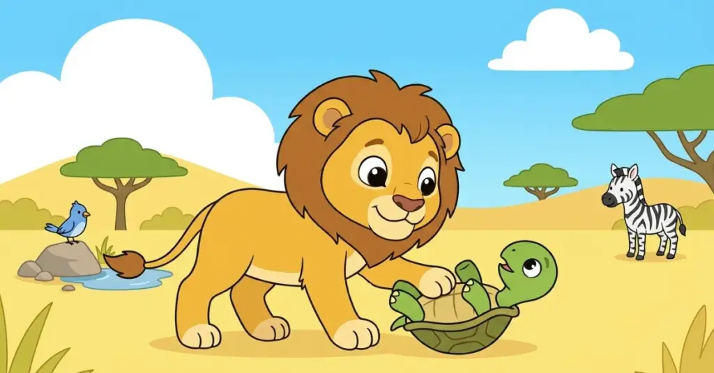 Ilustração infantil de leãozinho gentil ajudando tartaruga, história educativa sobre bondade e amizade na savana