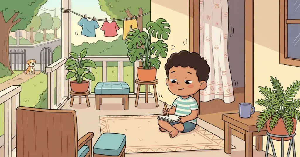Historinhas infantis o menino que colecionava sons, menino Miguel sentado na varanda anotando sons do dia com plantas e varal ao fundo