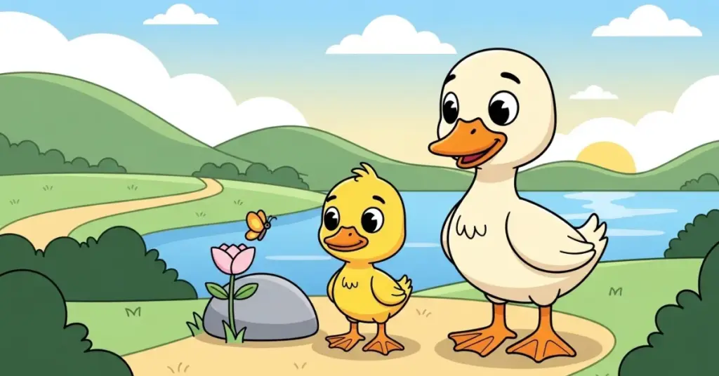Historinhas infantis o patinho que aprendeu a esperar, patinho com sua mãe perto do lago ensinando paciência para crianças