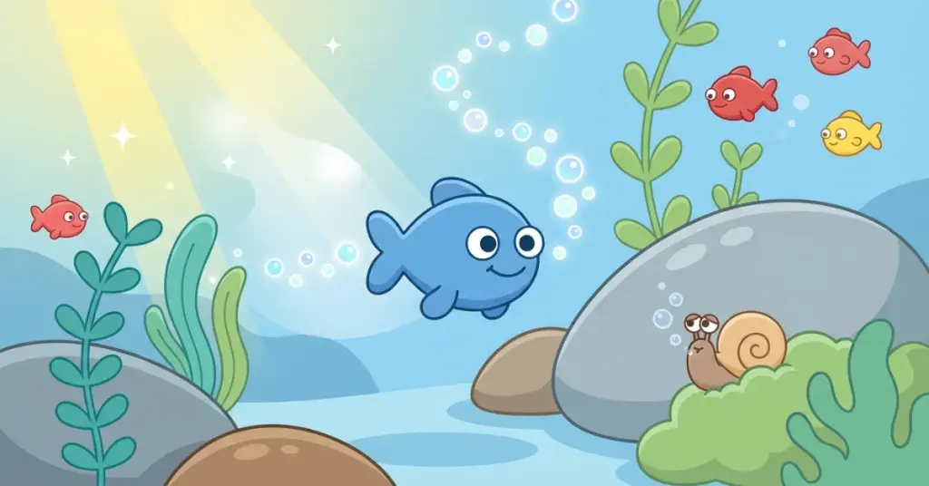 Historinhas infantis o peixinho das bolhas brilhantes, peixinho azul Bubi seguindo bolhas no rio e fazendo amizade com caracol entre plantas aquáticas