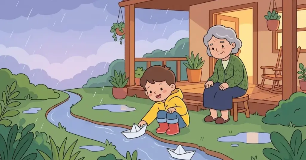 Historinhas infantis o pequeno barquinho de papel, menino Pedro brincando com barquinho de papel na chuva com sua avó perto da varanda aprendendo sobre simplicidade