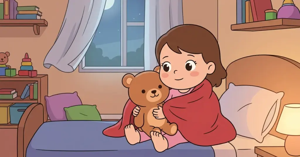 Historinhas infantis o ursinho e a manta vermelha, menina Laura abraçando ursinho Bento com manta vermelha na cama aprendendo a vencer o medo à noite