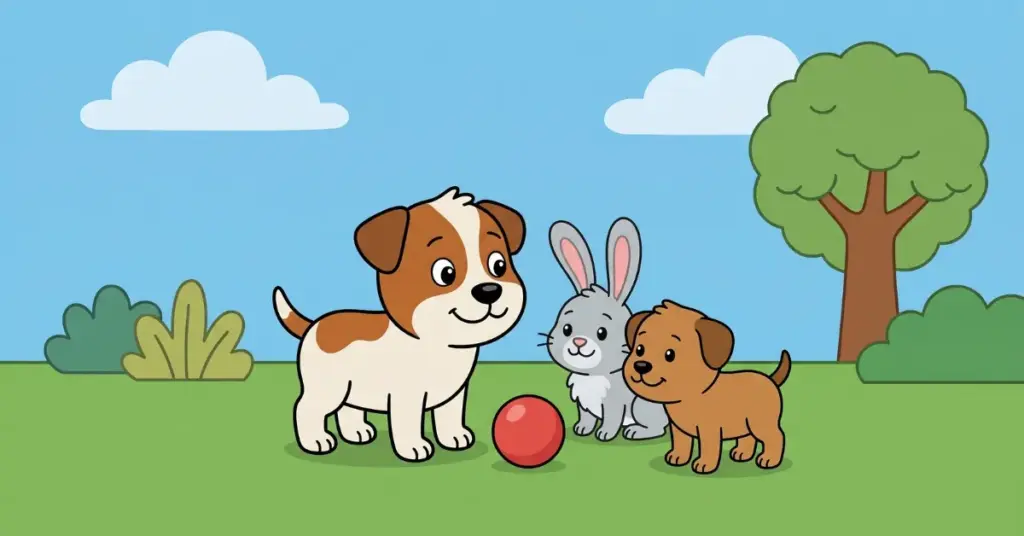 conto infantil cachorrinho dividir brinquedos cachorro com amigos coelho e filhote brincando com bola compartilhar amizade aprender a dividir crianças desenvolvimento social