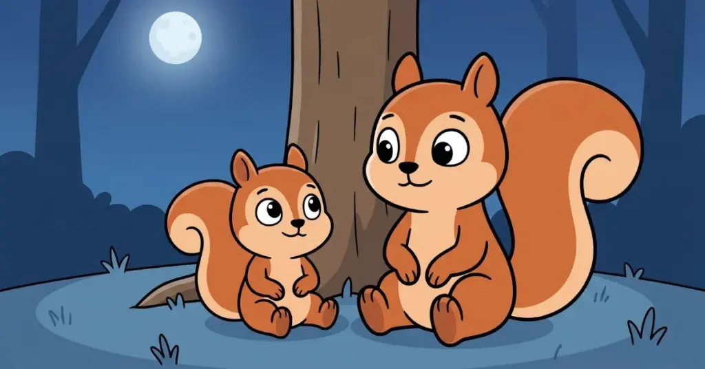 conto infantil esquilo floresta noite calma o esquilo e a noite que não tinha pressa esquilo filhote com mãe na floresta à noite com lua