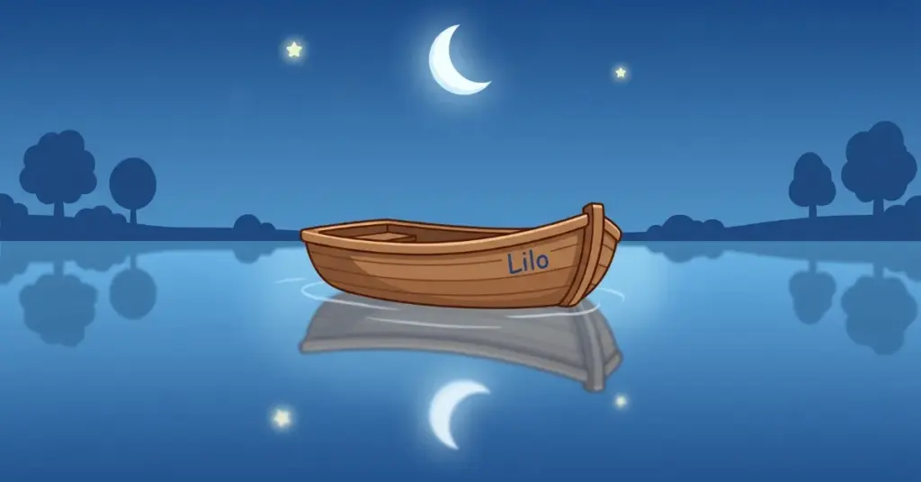 conto infantil para dormir barquinho lago calmo barco de madeira flutuando no lago à noite com lua refletida água tranquila