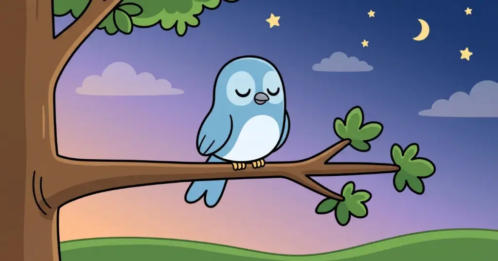 conto passarinho descansando galho pássaro dormindo tranquilo noite calma céu estrelado descanso asas história infantil para dormir relaxamento criança