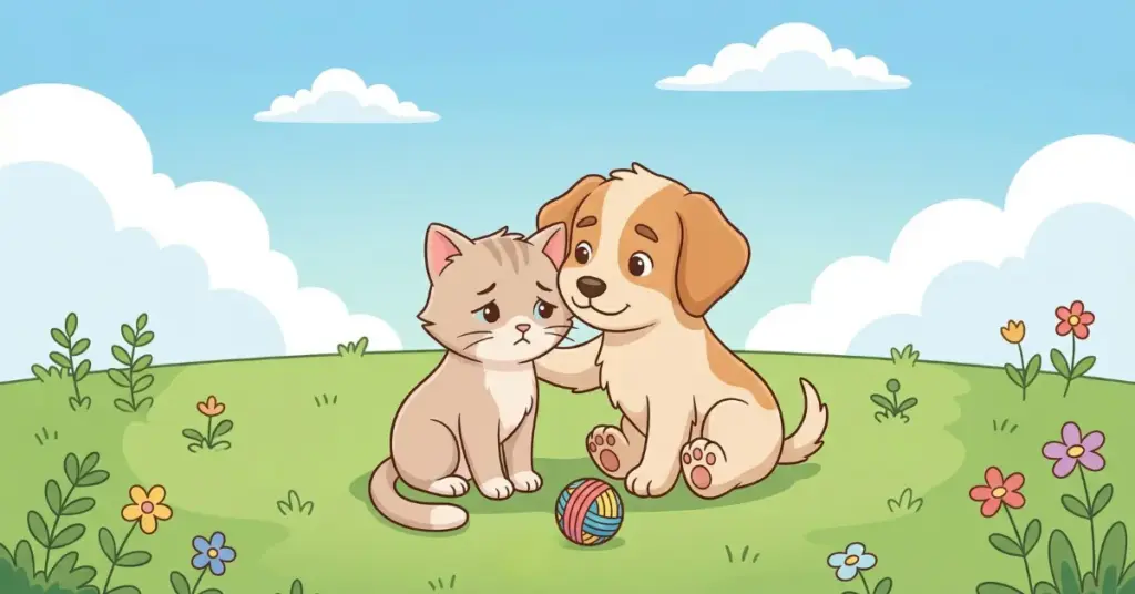 Histórias infantis para dormir sobre amizade cachorrinho consolando gatinha triste mostrando carinho e apoio nos momentos difíceis entre amigos