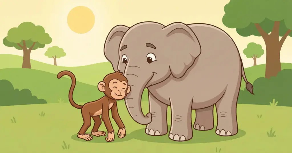 Histórias infantis para dormir sobre amizade elefante e macaquinho juntos mostrando carinho atenção e importância de cuidar dos amigos