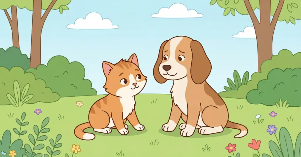 Histórias infantis para dormir sobre amizade gatinho conhecendo cachorro novo no jardim mostrando início de amizade e confiança entre amigos
