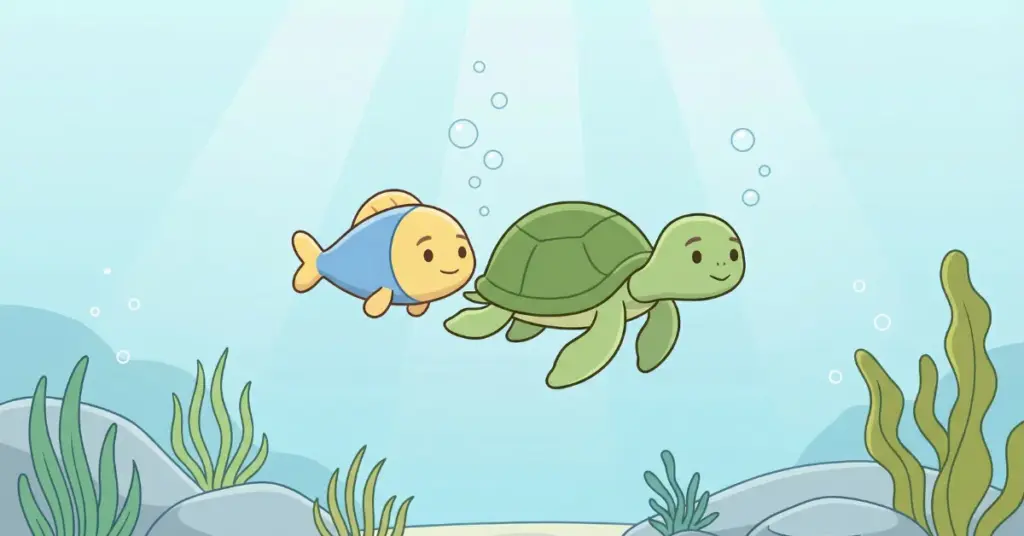 Histórias infantis para dormir sobre amizade peixinho e tartaruga nadando juntos mostrando companheirismo e momentos simples no lago
