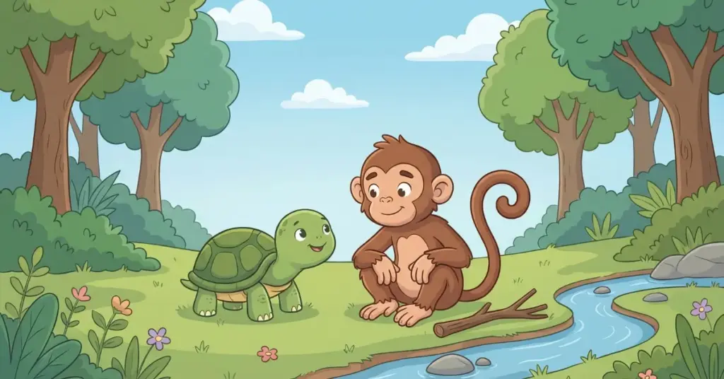Histórias infantis para dormir sobre amizade tartaruga e macaquinho juntos na floresta mostrando respeito e paciência entre amigos
