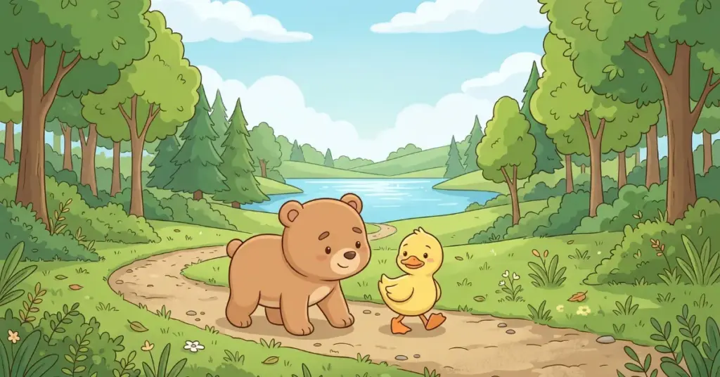 Histórias infantis para dormir sobre amizade ursinho caminhando com patinho na floresta mostrando paciência e companheirismo entre amigos