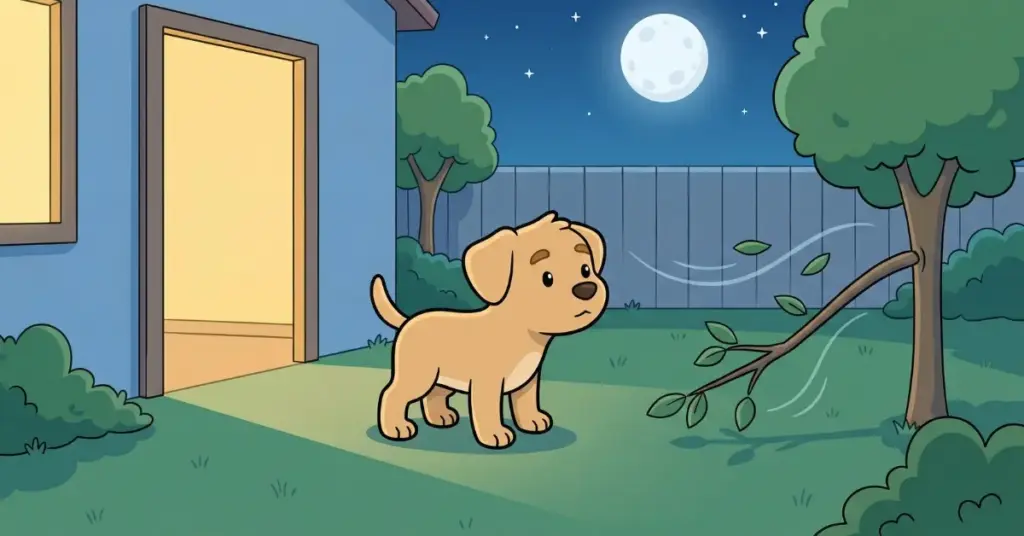 Histórias infantis para dormir sobre coragem cachorrinho explorando quintal à noite enfrentando medo de barulho misterioso com calma