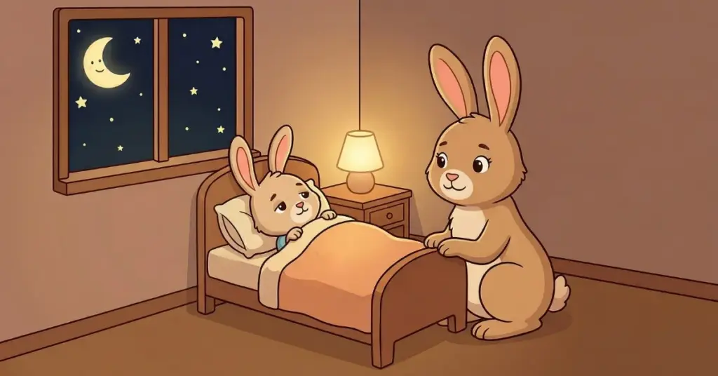 Histórias infantis para dormir sobre coragem coelhinho aprendendo a dormir sozinho com apoio da mãe em quarto tranquilo à noite