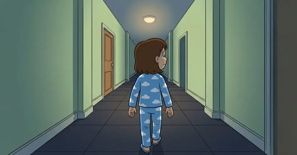 Histórias infantis para dormir sobre coragem menina caminhando sozinha no corredor à noite enfrentando medo do escuro com confiança e calma