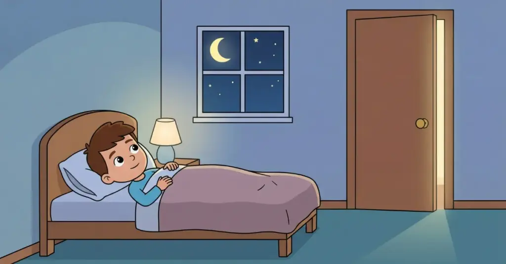 Histórias infantis para dormir sobre coragem menino dormindo com porta do quarto semiaberta enfrentando medo e criando confiança aos poucos