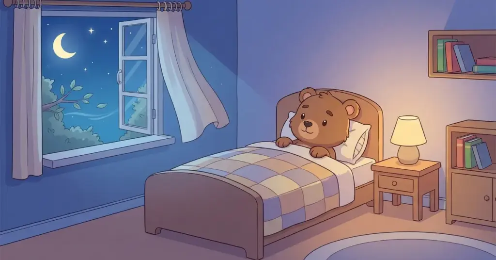 Histórias infantis para dormir sobre coragem ursinho no quarto à noite observando silêncio e aprendendo a confiar no ambiente com tranquilidade