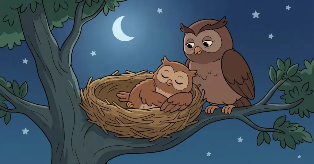 historia infantil coruja noite tranquila corujinha no ninho com lua e estrelas céu noturno sono calmo