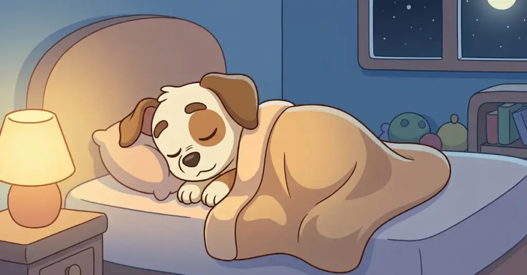 história infantil para dormir cachorrinho dormindo com cobertor quentinho na cama à noite, cena acolhedora que ajuda crianças a relaxar e dormir melhor