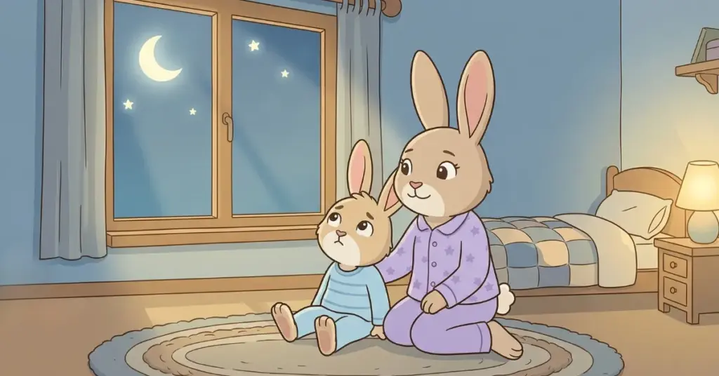 história infantil para dormir coelhinho com a mãe observando a lua no quarto à noite, cena calma ajudando crianças a relaxar antes de dormir
