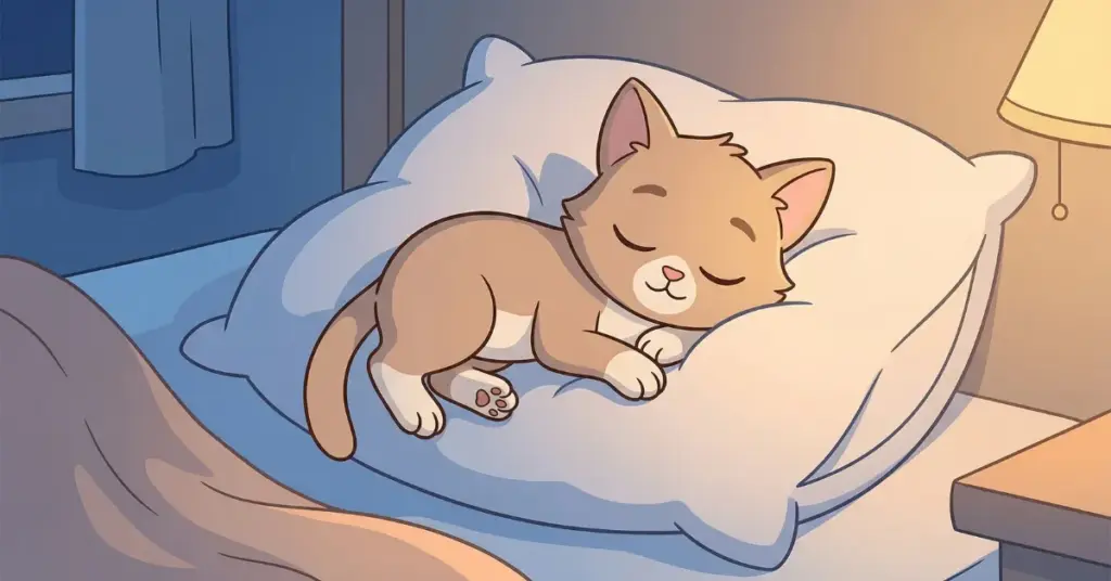 história infantil para dormir gatinho dormindo em almofada macia no quarto à noite, cena tranquila que ajuda crianças a relaxar e pegar no sono
