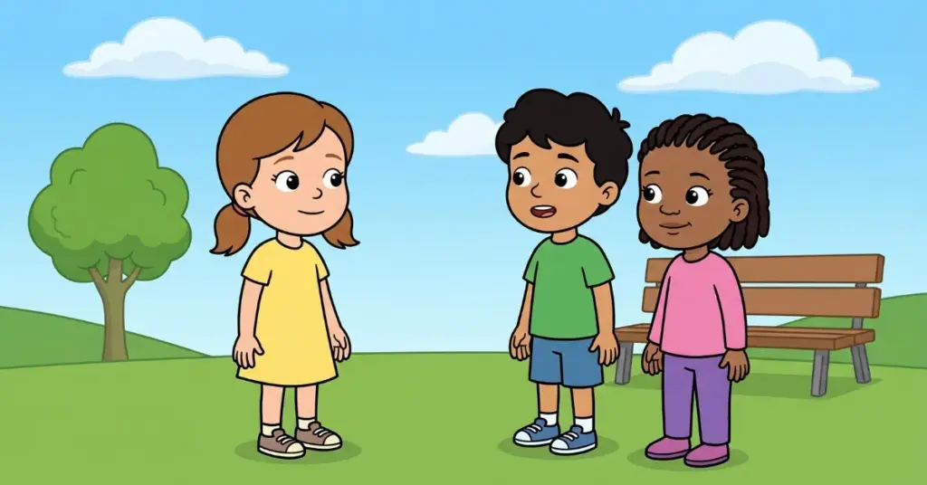 historia infantil curta menina aprende ouvir crianças conversando no parque amizade comunicação respeito aprender a escutar crianças interação social desenvolvimento emocional