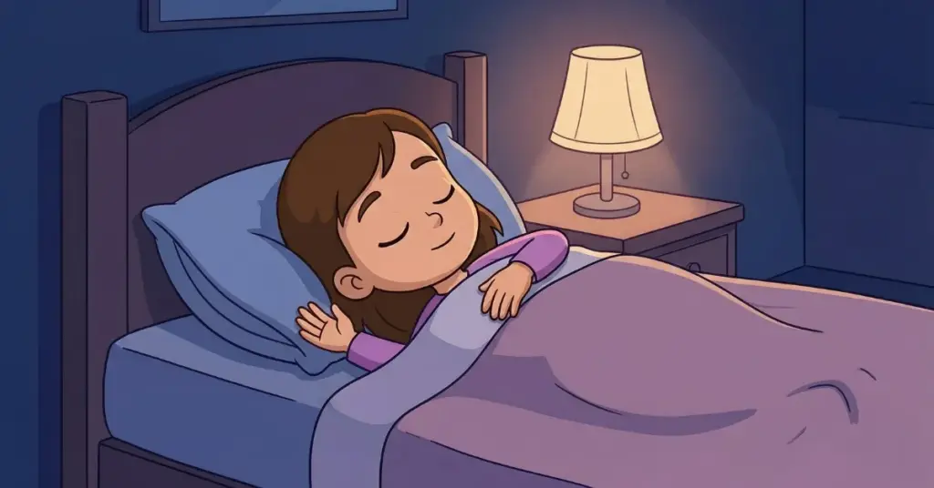 história infantil para dormir menina dormindo com luz suave no quarto à noite, cena calma que ajuda crianças a se sentirem seguras e relaxar antes de dormir
