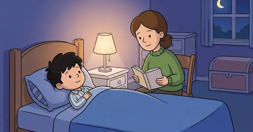 história infantil para dormir menino ouvindo história curta antes de dormir com a mãe no quarto à noite, cena calma que ajuda crianças a relaxar e adormecer