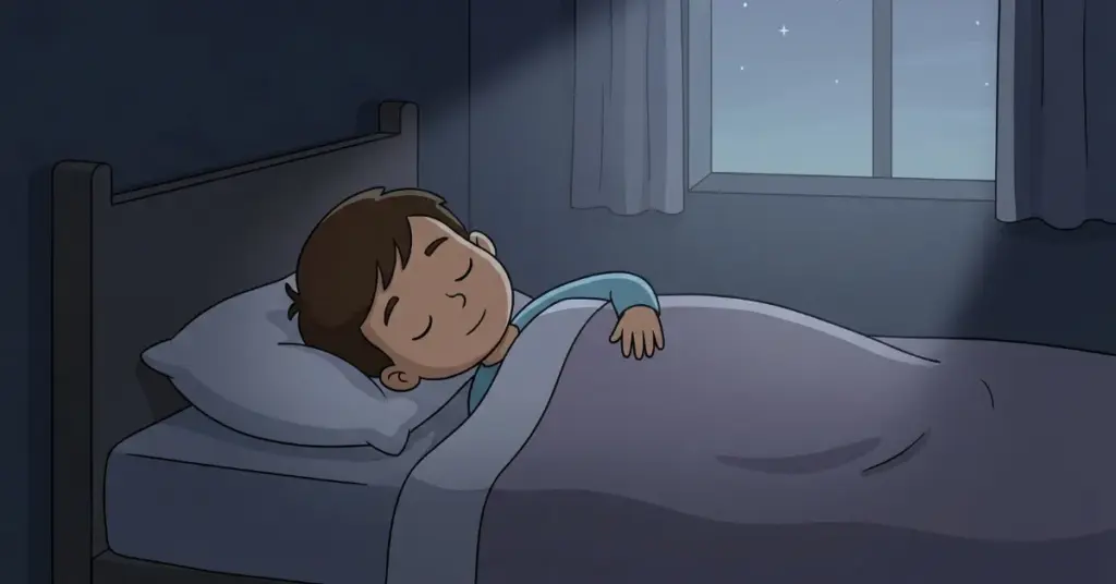 história infantil para dormir criança dormindo em quarto silencioso à noite, cena tranquila que ajuda crianças a relaxar e ter um sono profundo