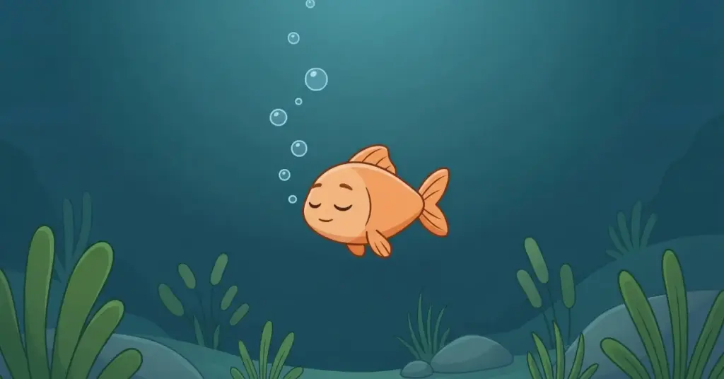 história infantil para dormir peixinho observando bolhas no fundo do lago à noite, cena calma que ajuda crianças a relaxar e adormecer com tranquilidade