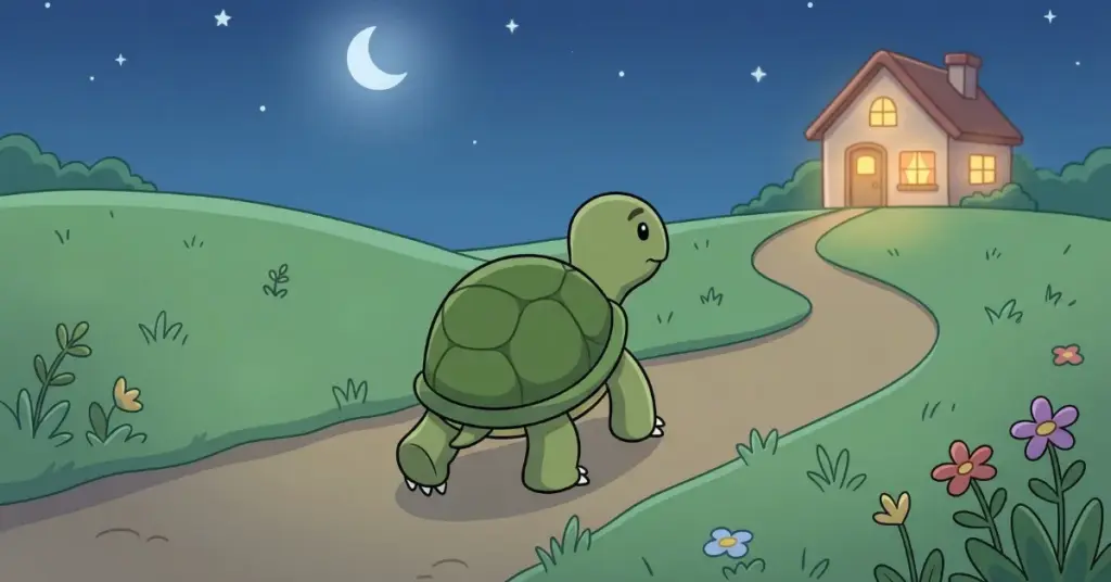 história infantil para dormir tartaruguinha caminhando devagar à noite em ambiente tranquilo, cena calma que ajuda crianças a relaxar antes de dormir