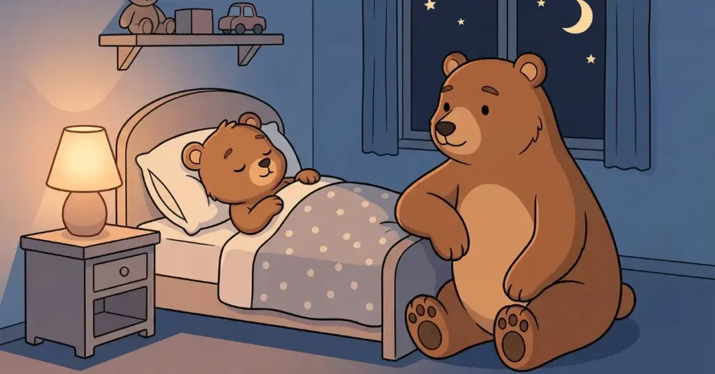 história infantil para dormir ursinho na cama aprendendo respiração calma com a mãe à noite, cena tranquila que ajuda crianças a relaxar e pegar no sono