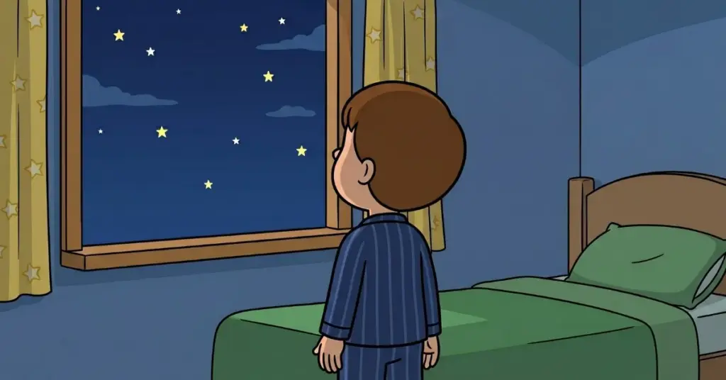 historia infantil estrelinha que piscava só para theo menino olhando estrelas pela janela noite tranquila quarto infantil historia para dormir 5 anos calma segurança e sono infantil