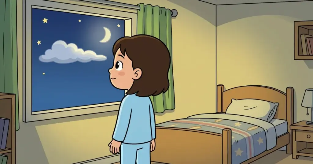 historia infantil a nuvem que sabia embalar sonhos menina olhando historia infantil nuvem pela janela noite lua e estrelas quarto