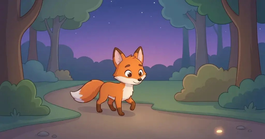 historia infantil para dormir raposa floresta noite raposinha caminhando na floresta à noite com caminho de luz vaga-lumes céu lilás ambiente calmo história infantil para dormir 5 anos