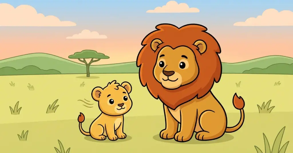 historia para crianca 5 anos leaozinho entardecer leao pai e filhote na savana ao pôr do sol brisa leve calmante historia infantil para dormir relaxamento infantil
