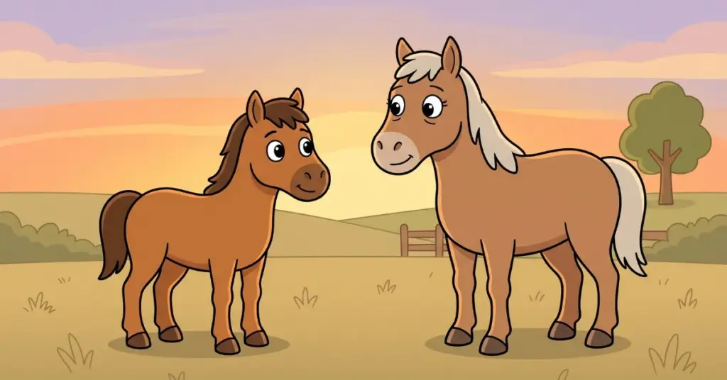 história para dormir cavalinho que deixou o campo em silêncio cavalo filhote com mãe no campo ao entardecer caminhada calma relaxamento