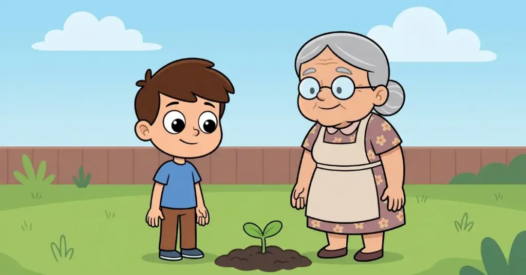 historias infantis curtas educativas menino que aprendeu a esperar menino plantando semente com avó no quintal paciência e crescimento historia infantil educativa para crianças