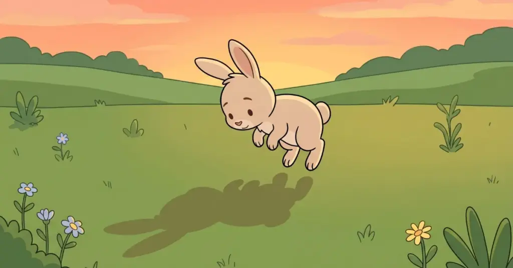 histórias infantis curtas para ler coelhinho brincando com sua sombra no campo ao entardecer, cena leve e educativa para crianças sobre curiosidade e descobertas