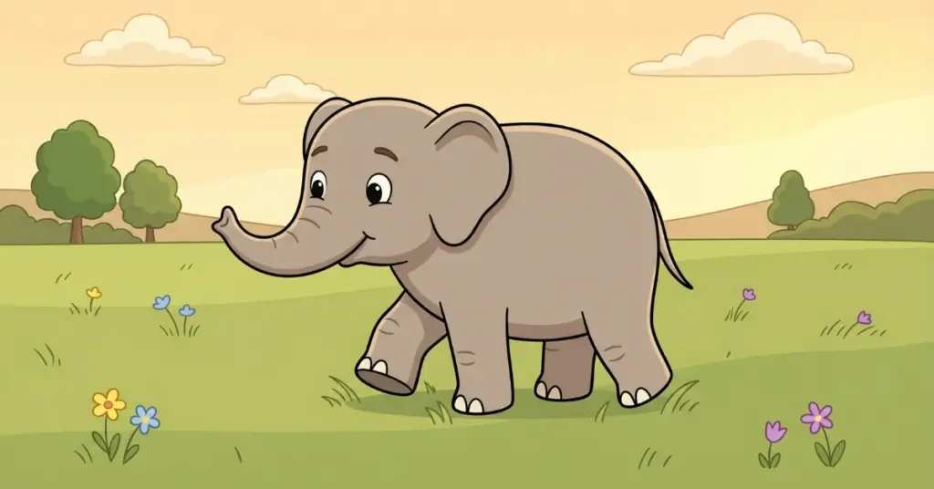 histórias infantis curtas para ler elefantinho caminhando devagar no campo natureza calma flores ao redor aprendizado infantil sobre tranquilidade e ritmo lento
