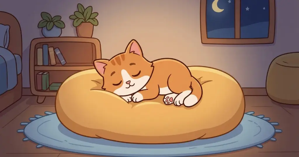 histórias infantis curtas para ler gatinho dormindo em almofada macia no quarto à noite, cena aconchegante que transmite calma e ajuda crianças a relaxar