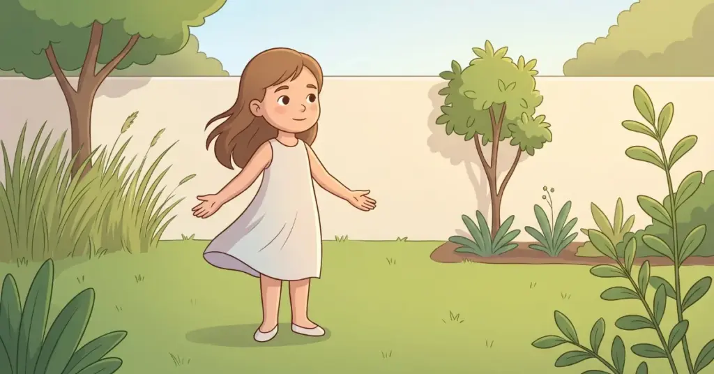 histórias infantis curtas para ler menina sentindo o vento leve no jardim natureza calma criança brincando ao ar livre relaxamento infantil e tranquilidade