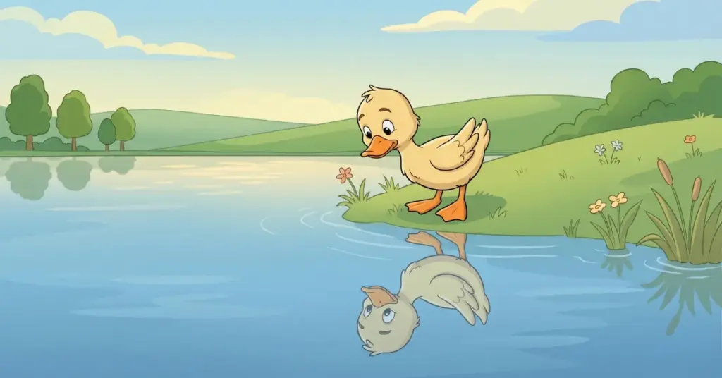 histórias infantis curtas para ler patinho olhando seu reflexo no lago água calma natureza tranquila aprendizado infantil sobre curiosidade e descoberta