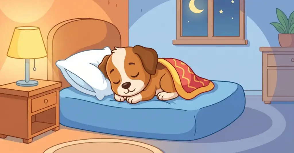 histórias infantis para dormir 3 anos cachorrinho deitado na cama com cobertor quentinho à noite, ambiente tranquilo que transmite conforto e ajuda crianças a relaxar e dormir melhor
