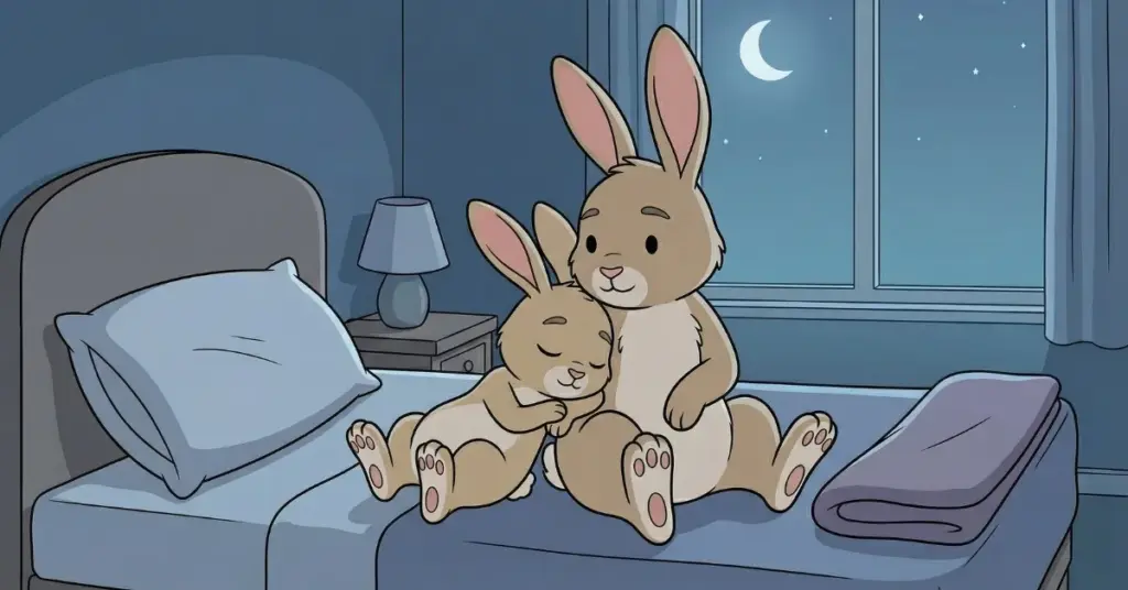 histórias infantis para dormir 3 anos coelhinho com a mãe na cama à noite aprendendo a gostar do silêncio, cena calma que ajuda crianças a relaxar e dormir melhor