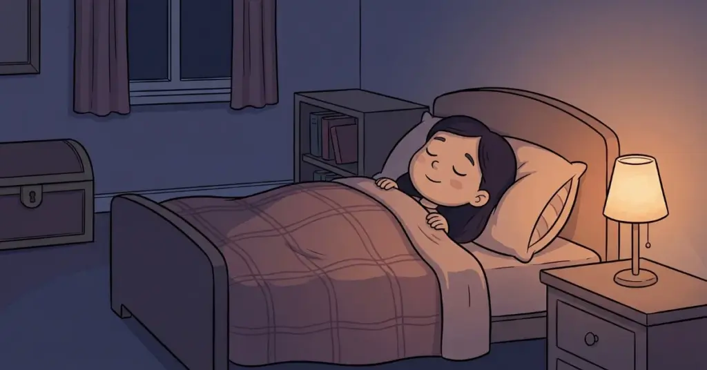 histórias infantis para dormir 3 anos menina dormindo com luz do abajur acesa no quarto, ambiente acolhedor e tranquilo que ajuda crianças a relaxar e dormir melhor