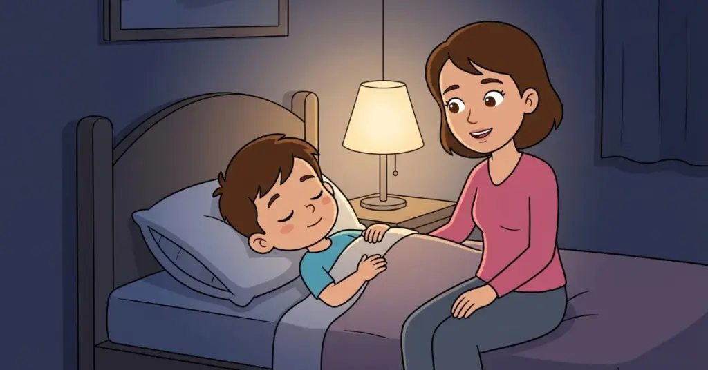 histórias infantis para dormir 3 anos mãe falando com voz calma para menino na cama à noite, cena tranquila que ajuda crianças a relaxar e dormir melhor