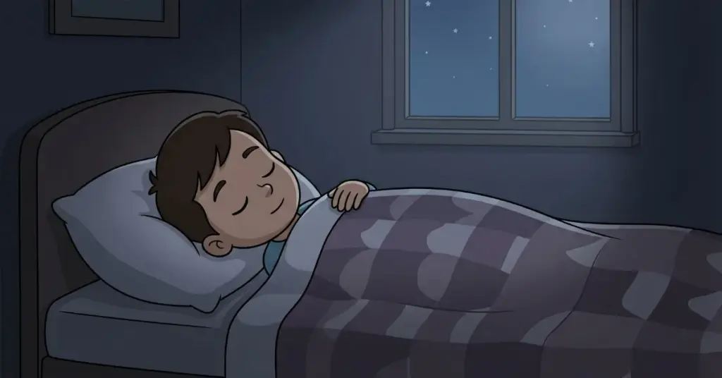 histórias infantis para dormir 3 anos menino dormindo tranquilo na cama à noite com céu estrelado na janela, ambiente calmo que ajuda crianças a relaxar e dormir melhor