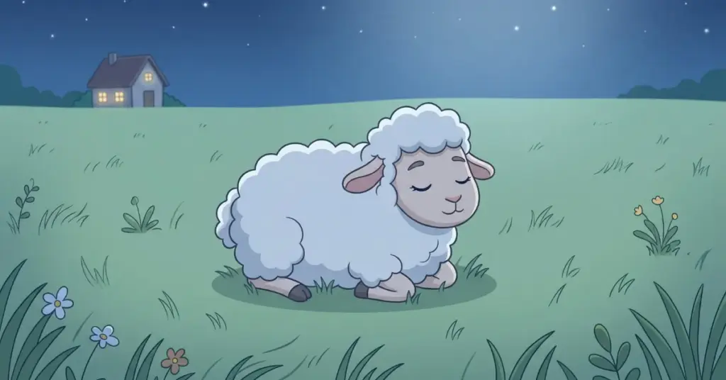 histórias infantis para dormir 3 anos ovelhinha deitada no campo à noite sentindo vento suave sob céu estrelado, cena calma que ajuda crianças a relaxar e dormir melhor